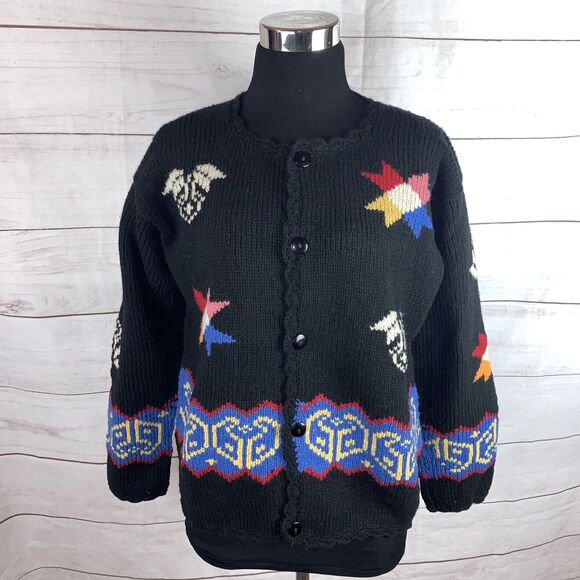 Bolivian Handknits lambwool sweater cardigan Aztec tribal geo Scandinavian Stars - Picture 1 of 12